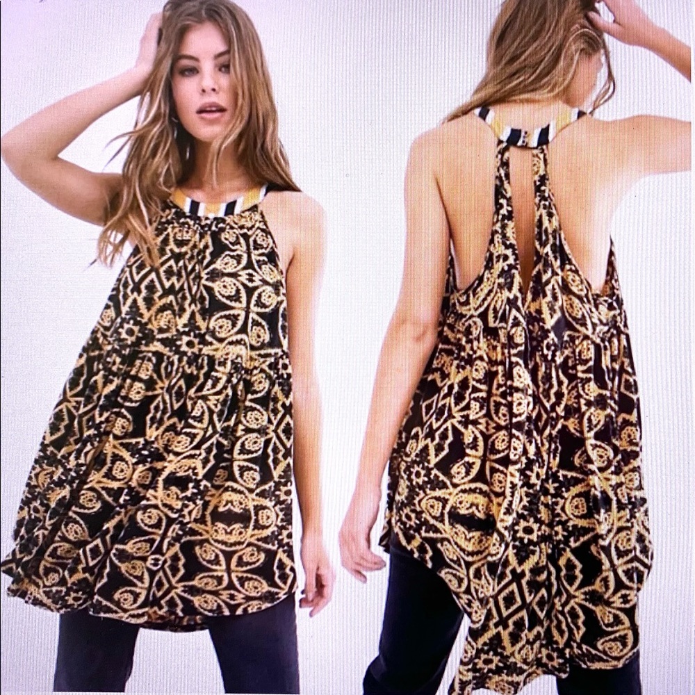 Free People NWT Mimi S Hi-Lo Tribal Tunic Top Halter Black Combo Rayon & Linen